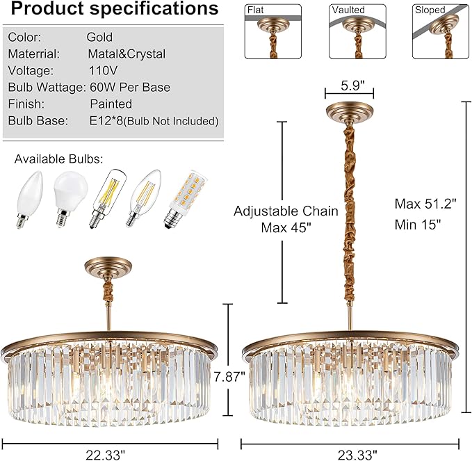 23" Gold Crystal Chandelier 8-Light Modern Crystal Pendant Ceiling Light 2-Rings Luxury Chandeliers,for Dining Room Kitchen Island Living Room Bedroom