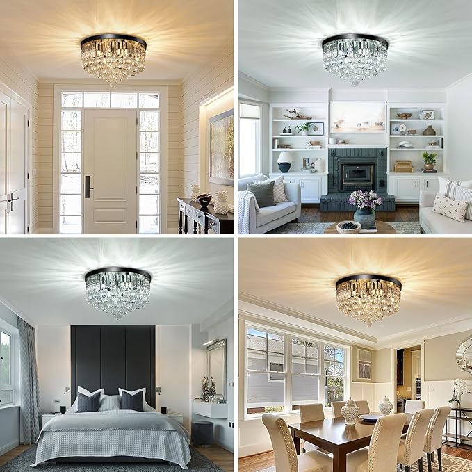8-Light Modern Crystal Chandelier Black Metal G9 Base Flush Mount Round Light Fixture Ceiling Lamp Farmhouse for Dining Living Room Laundry Foyer Kitchen Balcony Bedroom (H 11''x W 16'')