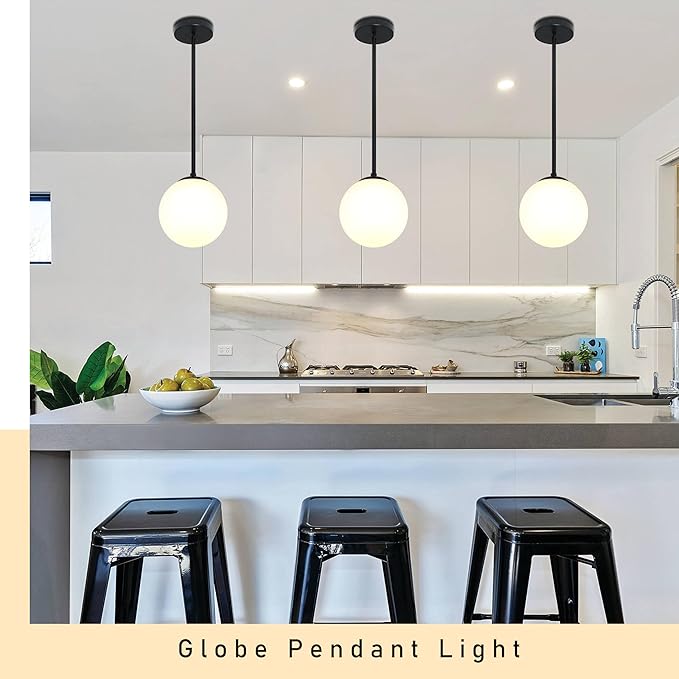Bagood 8" Globe Pendant Light Black Mid Century Modern Light Fixture Milk Glass Pendant Light Globe Pendant Lights Kitchen Island Matte Black Finished with Milk Glass Lampshade for Dining Room
