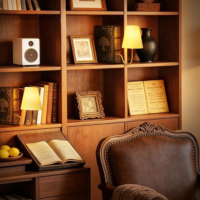 AELS Vintage Bookshelf Lamp with Bulb, Cordless Touch Dimmable Table Lamp with Linen Fabric Shade, Battery Operated, Modern Farmhouse, Book Sconce for Office Home Bedroom, Tree of Life Black & Gold