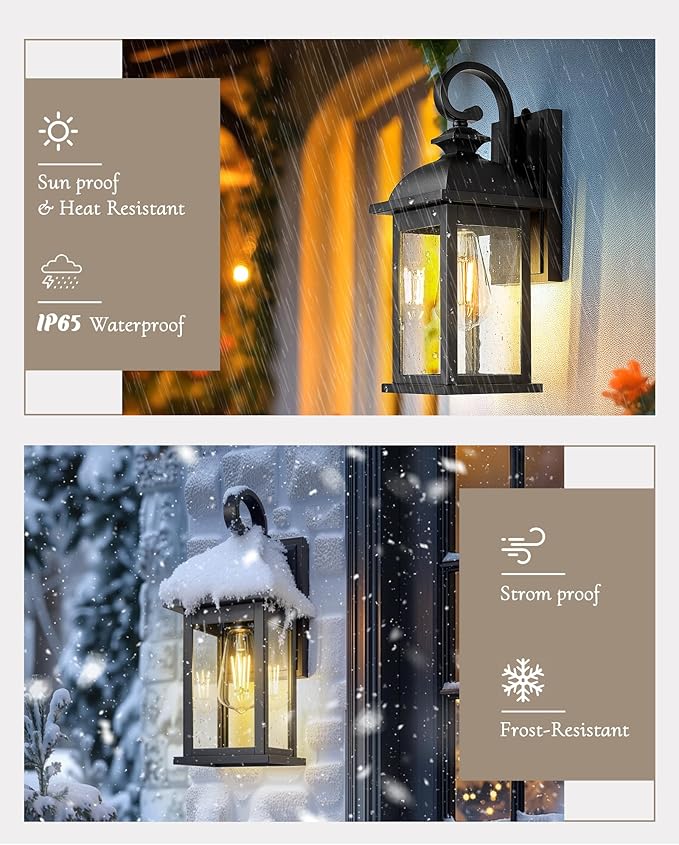 FEMILA Exterior Wall Sconce, 2 Packs Outdoor Waterproof Wall Lights Fixture, E26 Socket Wall Lantern for Porch, Anti-Rust Matte Black Finish with Seeded Glass Lampshade, 4FD54B-2PK BK