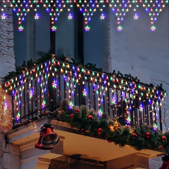 DANLI Christmas Lights Outdoor 13.8ft 218 LED Connectable String Lights with 12 Drops, Window Curtain Fairy Light with 8 Modes for Garden Eaves Wedding Party Holiday Christmas Decorations
