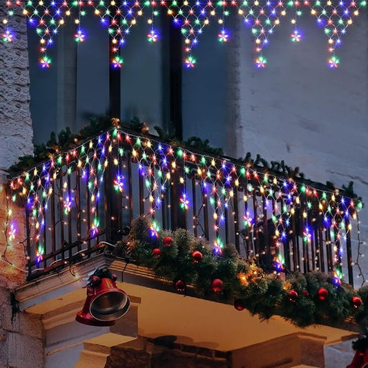DANLI Christmas Lights Outdoor 13.8ft 218 LED Connectable String Lights with 12 Drops, Window Curtain Fairy Light with 8 Modes for Garden Eaves Wedding Party Holiday Christmas Decorations