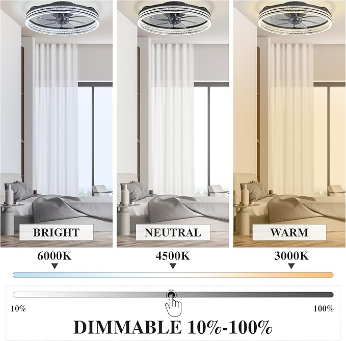 Ceiling Fans with Lights and Remote Fandelier - 20'' Black and White Flush Mount Low Profile Modern Ceiling Fans for Bedroom - Stepless Color Temperature and 6 Speeds