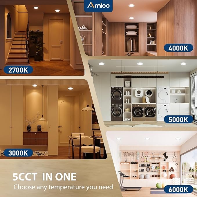 Amico 2 Pack 5/6 inch Motion Sensor Recessed Light, 12.5W=100W, 950LM, 2700K/3000K/4000K/5000K/6000K Selectable, LED Retrofit Can Lights, IC Rated - ETL & FCC, White