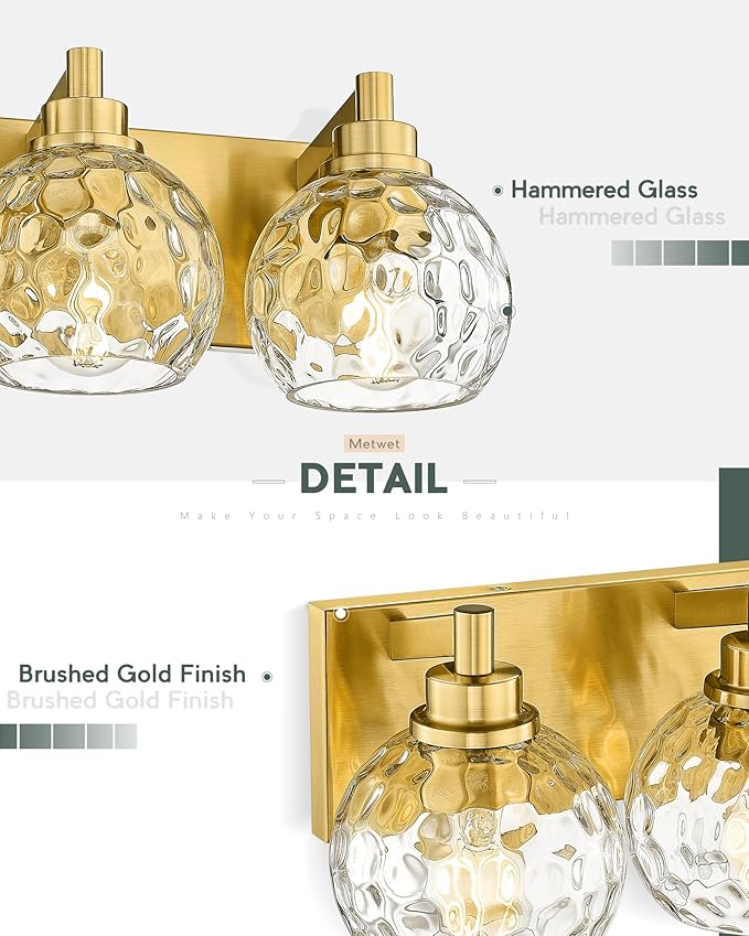 Bathroom Light Fixtures Over Mirror, 3-Light Brushed Gold Vanity Light with Clear Hammered Glass Globe Shade, Modern Sconces Wall Lighting Bedroom Hallway, VL200-BG-3