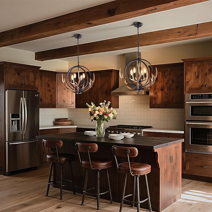 Farmhouse Antler Pendant Light – 19.3"x18.1" Metal Globe and Resin Antlers, E12 Base, Brown Indoor Hanging Light for Kitchen Dining Room