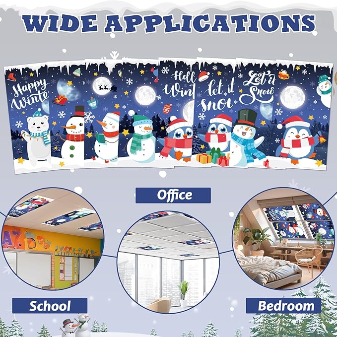 8 Pcs Winter Fluorescent Light Covers with 80 Magnets Decorative for Classroom Ceiling Light 4x2 Feet Magnetic Filter Easy Install for Office Hospitals & Home Drop Ceiling Supplies(Winter Snowman)
