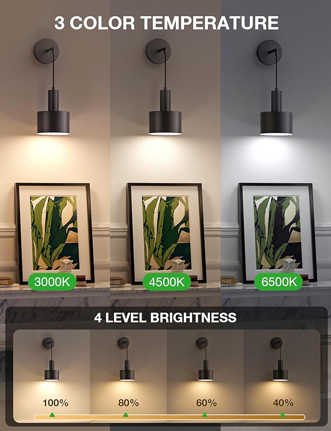 NIORSUN Battery Operated Wall Sconce Set of 2, Black Wireless Rechargeable Wall Lights with 5200mAh Dimmable Detachable Bulbs and Remote, 9 Colors Sconces Wall Decor for Bedroom Living Room Hallway