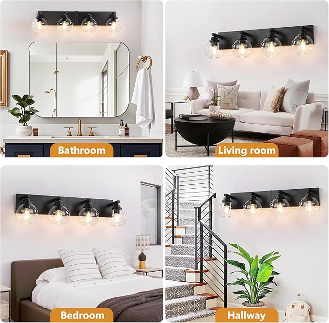 LmnLvn Bathroom Light Fixtures, 4-Light Matte Black Vanity Lights, Modern Bathroom Lighting Fixtures Over Mirror, Farmhouse Vanity Lights with Glass Shade for Living Room, Bedroom, Hallway