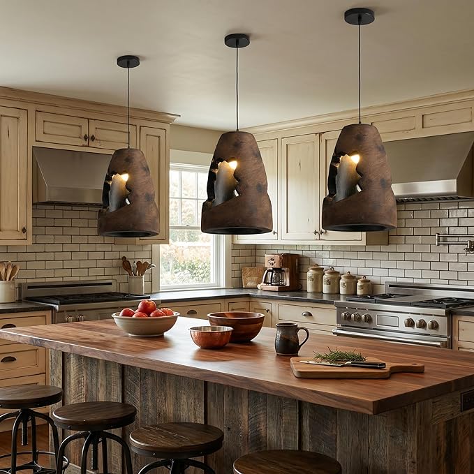 JAYMP Wabi Sabi Pendant Light for Dining Room Kitchen Island Hallway Farmhouse Hanging Lamp E26 Base Retroism Style Wine Bottle Shape Lighting Fixture, 1 Pack (Antique Brown,A Shape, D35×H51cm)