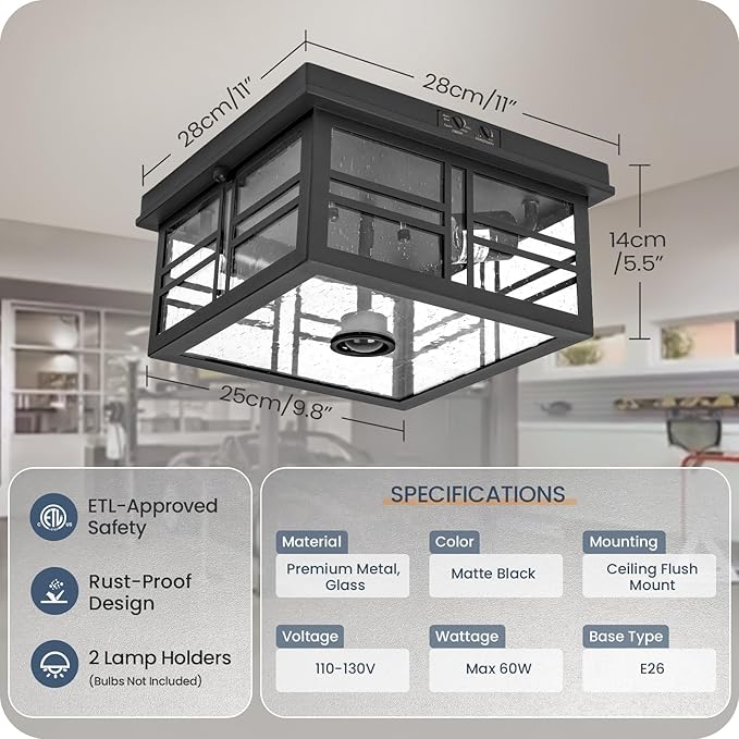 Infrared Sensor Outdoor Ceiling Light, Flush Mount Motion Sensor Ceiling Light, 2-Light Black with Bubble Glass, Bulbs Not Included, 4 Modes, for Porch, Garage, Hallway, Patio,BQ08XD05W1