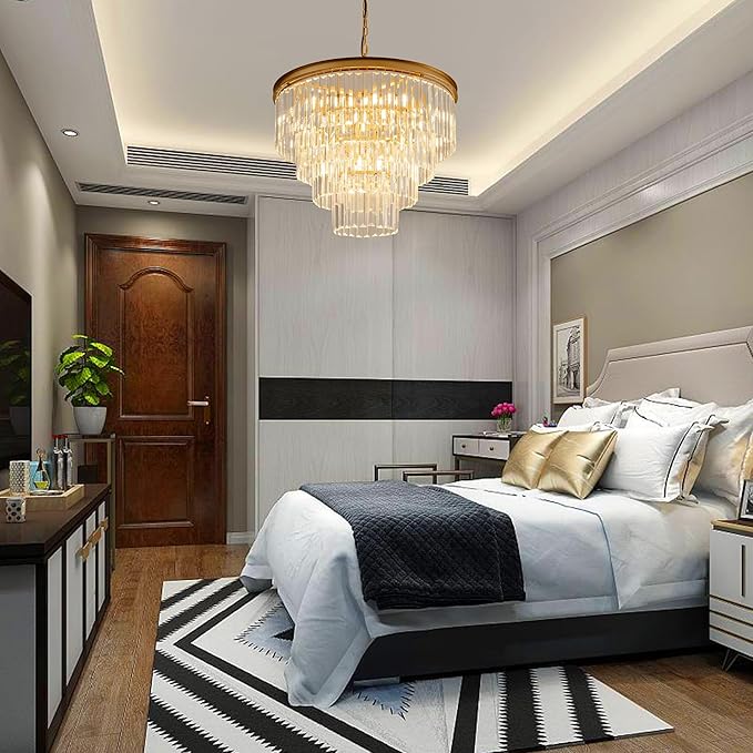 Gold Crystal Chandelier 22.9" 10-Lights Modern Crystal Pendant Lights 4-Tier Luxury K9 Hanging Dining Room Lighting Fixture for Living Room Bedroom Kitchen Island Entryway Stairway Office