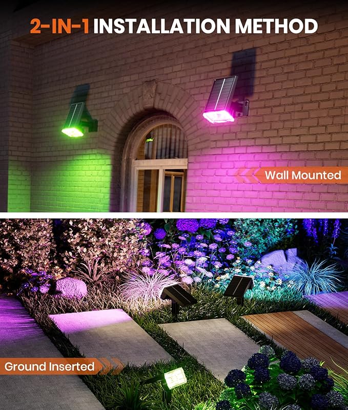 2 Pack - Solar Christmas Lights Outdoor Waterproof,6 Color Changing Spotlights &10 Modes, IP67 Waterproof,105° Adjustable Solar Spot Lights for Pathway/Garden/Yard/Patio/Landscape/Backyard Xmas Decor