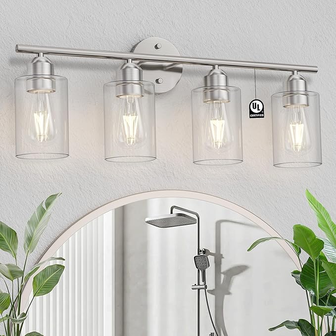 Espird Bathroom Vanity Light Fixtures Brushed Nickel,4 Lights Rustic Farmhouse Vanity Bar Lighting Over Mirror Modern Industrial Wall Sconces Lamp with Cylinder Glass Shade