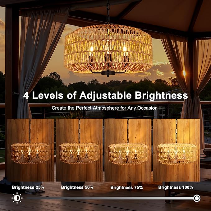 Outdoor Solar Chandelier, 4-Light 20" Rattan Outdoor Chandelier, Hanging Waterproof Pendant Lights, for Gazebo, Porch, Patio, Pergola