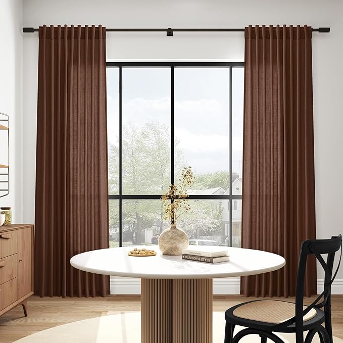 Mocha Brown Linen Curtains 63 Inches Long 2 Panel Sets for Living Room Bedroom Rod Pocket Back Tab Light Filtering Drape for Kitchen Window Short Protect Privacy Curtain Modern Farmhouse Decor 52x63