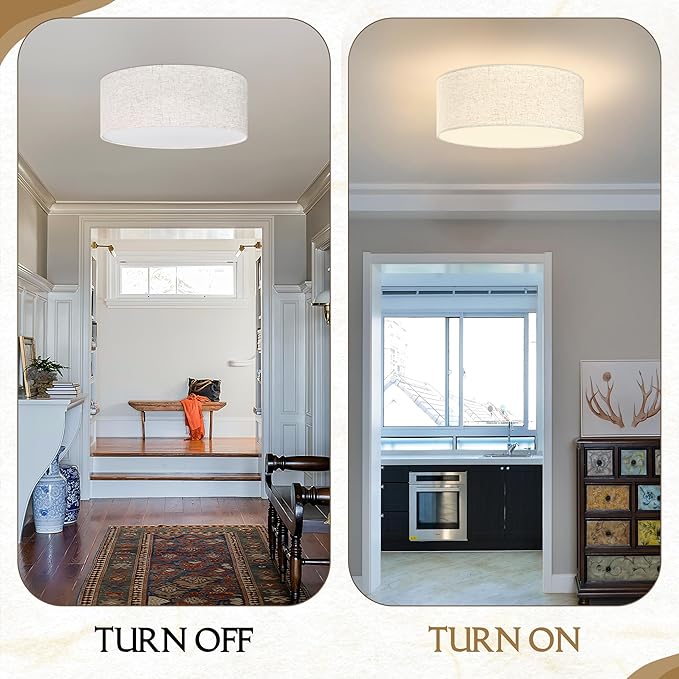 15.7 Inch Flush Mount Ceiling Light Black Close to Lights Fixture with Fabric Shade 3-Light Drum Modern Lights for Dining Room Bedroom Hallway