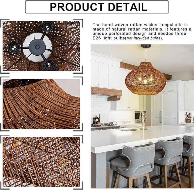 19inch Large Rattan Chandelier, Boho Rattan Chandelier Light 3-Light Wicker Rustic Hanging Light Fixture for Dining Room Kitchen Island Living Room Foyer Restaurant