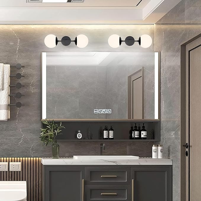 KoKo&Yukina Mid Century Modern Bathroom Matte Black Bathroom Vanity Light Fixtures Globe Sconce 2 Light Vanity Light Milky White Vanity Light Mid Century Wall Sconce