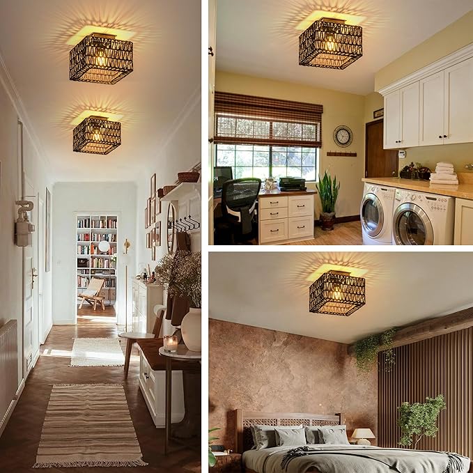 Rattan Ceiling Light, Black Boho Light Fixture, Square Flush Mount Ceiling Light for Bedroom, Hallway, Entryway, Kitchen, Laundry