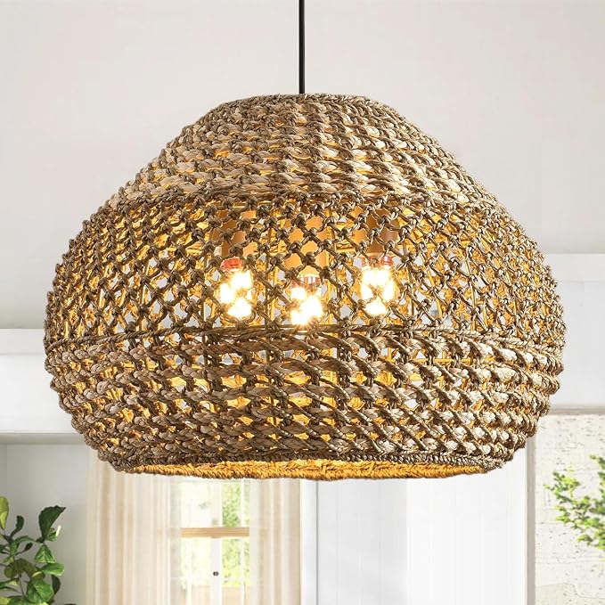 19.29” Large Rattan Pendant Light,3-Light Wicker Chandelier Light Fixture,Boho Kitchen Island Hanging Seagrass Rustic Lighting for Dining Room, Farmhouse,Foyer