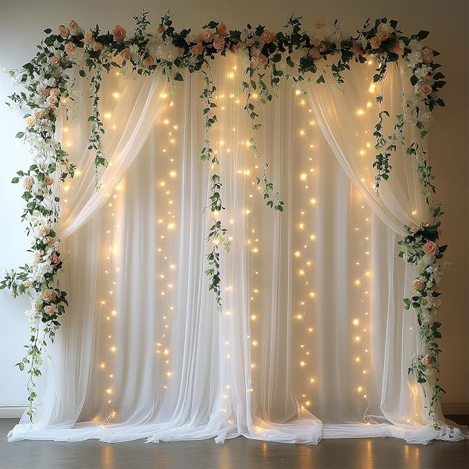 10x10ft White Tulle Backdrop Curtain with Lights String Sheer Drapes for Wedding, Birthday, Baby Shower, Bridal Shower, Photo Booth, Party, Home Decor (2 Panels, White)