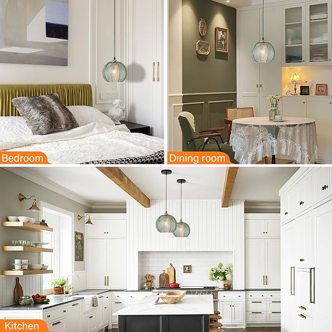 2 Pack Green Pendant Lights Kitchen Island, 8.6" Mid Century Modern Pendant Light Fixtures, Ribbed Glass Adjustable Farmhouse Hanging Lights for Dining Room Bedroom Hallway Entryway