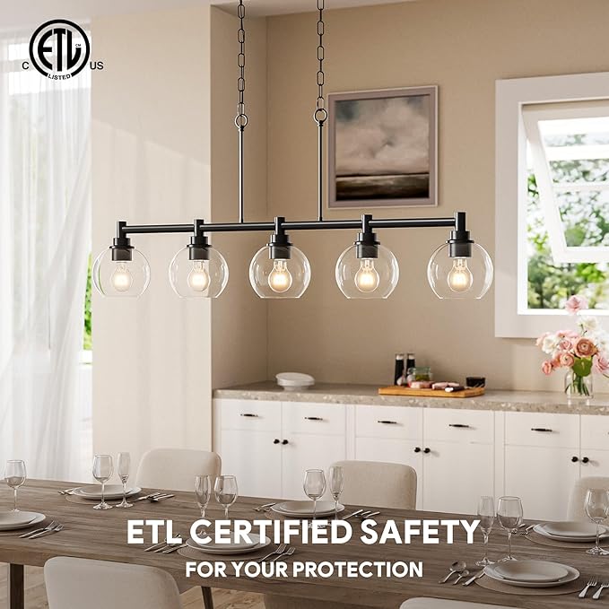 VONLUCE Dining Room Light Fixture Over Table, 5-Light Kitchen Island Lighting with Round Glass Shades & Adjustable Hanging Heights, Linear Chandlier for Dining Room Kitchen, Black, ETL Certificated