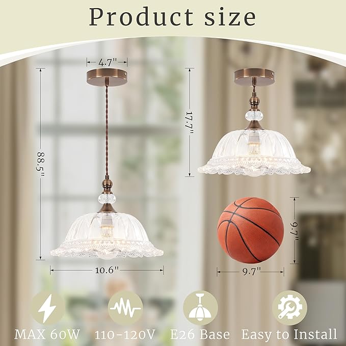 Vintage Pendant Light Fixtures for Kitchen Island Brass Gold 10.6" Glass Small Pendant Lights Adjustable Hanging Light for Hallway Porch Sink Table