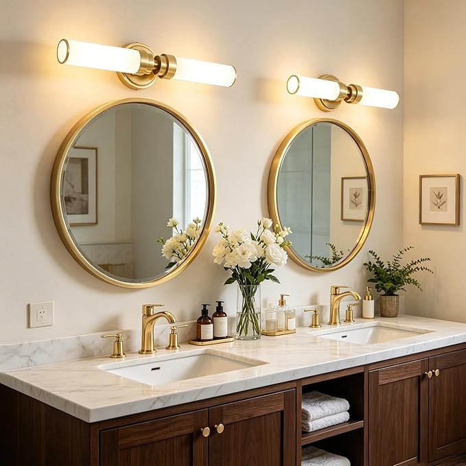 Bathroom Light Fixtures 2 Pack, Gold Wall Sconce with Milk Glass Shade, Modern Vanity Light Up and Down Sconces Wall Light - Bulb Not Included