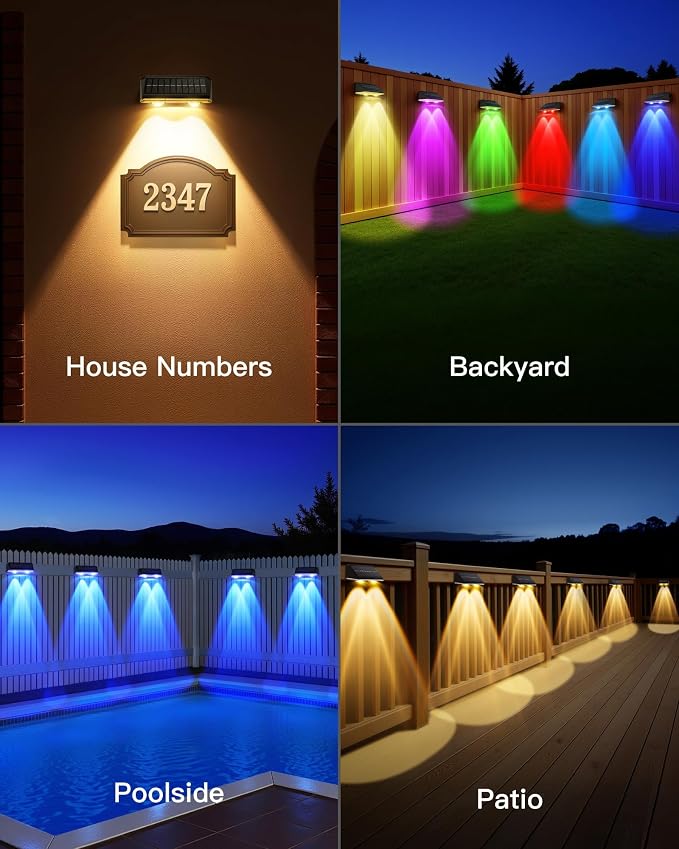 KEILAIMO Solar Fence Lights Outdoor, 2 Pack IP65 Waterproof Fence Lights Solar Powered with Ultra-Bright LED Lens, 9 Color Modes, 12+ Hours Steady Glow for Deck/Backyard/Patio/Pool/Wall - Black