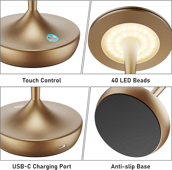 YHT 72Hrs Cordless Table Lamps Rechargeable,6000mAh Battery Operated Portable Touch Table Lamp,3 Colors & Stepless Dimmable Touch,Waterproof for Outdoor Patio, Restaurant Dining& Home (2 Bronze)