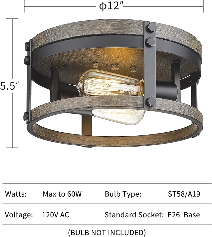 2-Light Farmhouse Flush Mount Ceiling Light, 12 inch Kitchen Ceiling Light, Round Rustic Light Fixtures with Black & Wood Grain Finish for Entryway Hallway, OS-3016BK