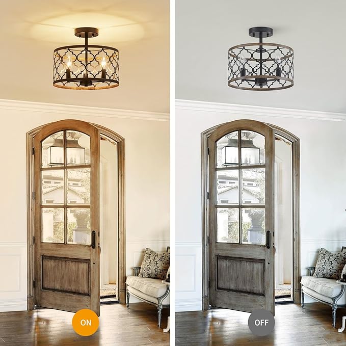 WUZUPS Chandelier 3-Light Vintage Farmhouse Semi-Flush Mount Ceiling Light Lighting Fixture for Foyer Bedroom Hallway Storage Room Kitchen Bathroom, H 9.8" x W 12.4", E12 Base, Black & Wood Imitaion