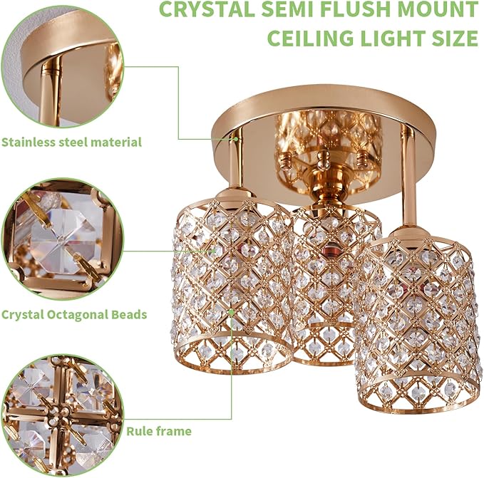 HOPGGIE Semi Flush Mount Ceiling Light, 3-Light Golden Crystal Chandelier, Kitchen Light Fixtures, Hallway Light Fixtures, Modern Close to Ceiling Light Fixtures for Hallway Bedroom Bathroom