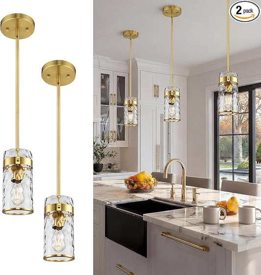 AUTELO Gold Pendant Light, 2 Pack Island Pendant Lights for Kitchen with Hammered Glass, Modern Hanging Lamp with Adjustable Rods for Dining Room Bedroom Kitchen Sink, H-2529 HMBG2PK