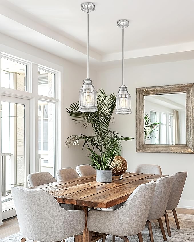2 Packs Farmhouse Pendant Light Fixtures, HWH 1-Light Hanging Lighting, Kitchen Pendant Lighting Over Island, Brushed Nickel and Bell-Shaped Fluted Clear Glass, 5HZG106MIL-2L BN
