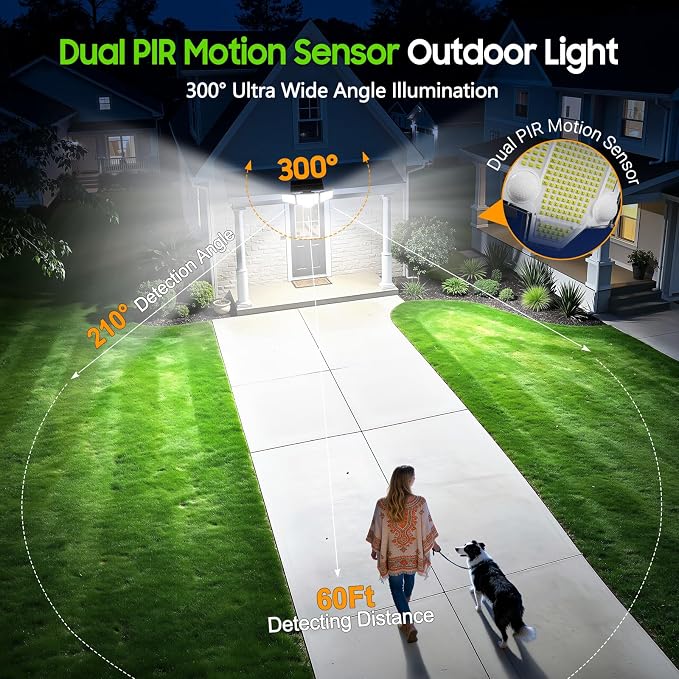 2026 Motion Sensor Solar Lights Outdoor Waterproof, 4000LM Solar Flood Lights with Dual PIR & Curved 300° Wide Beam, Larger 3500mAh Adjustable Solar Security Spot Lights for Yard-1Pack Black