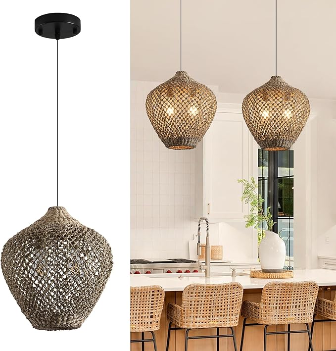 17.72" Rattan Pendant Light,Boho Hand Woven Seagrass Hanging Light Natural Grass Rattan Chandelier for Dining Living Bedroom Kitchen Island