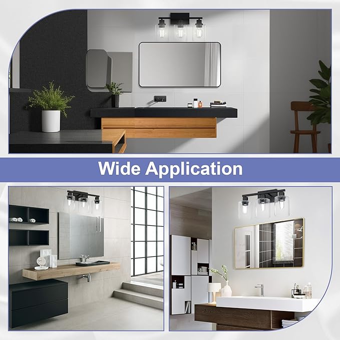 Black Bathroom Lights Over Mirror, Anti-Rust 3-Light Vanity Lighting Fixture for Bathroom, Modern 18Inches Wall Sconce Light for Living Room, Standard E26 Base, Clear Glass Shades, Bulbs Not Included