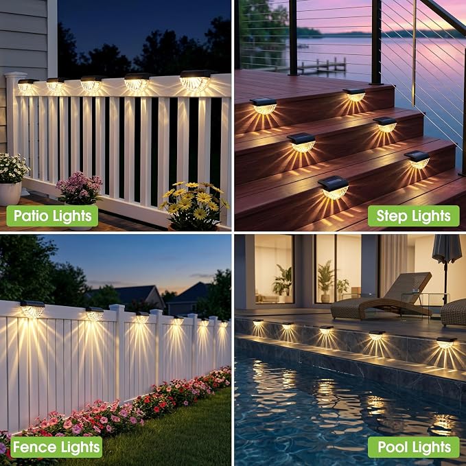 Greluna Solar Step Lights Outdoor, 16 Pack Waterproof Deck Lights, Auto Dusk to Dawn Fence Lights with Warm White Glow, Easy Install for Fence, Patio, Stairs, Pathway, Garden Lighting