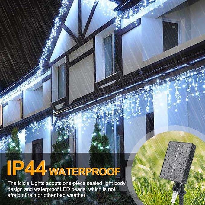 300 LED Solar Icicle Lights Outdoor with Remote Control, 33ft 8 Modes Curtain String Lights with 50 Drops, Christmas Holiday Wedding Party Decorations, White