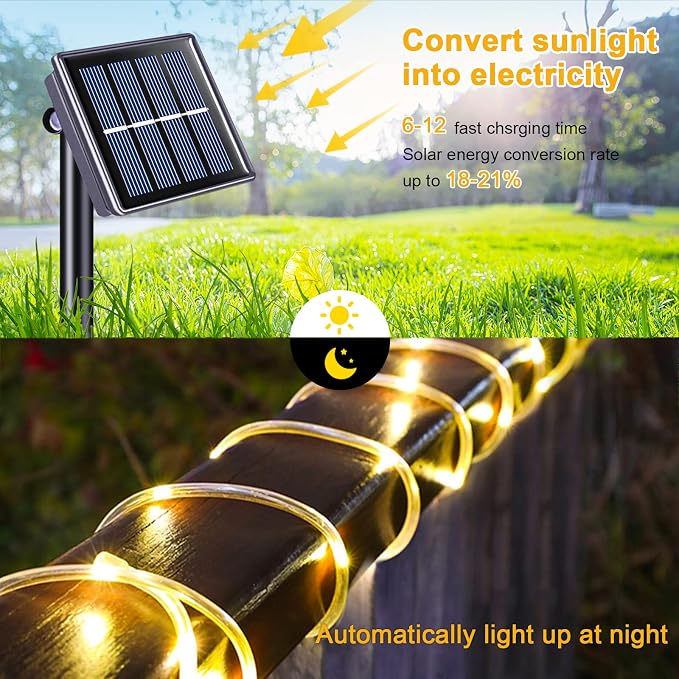 JMEXSUSS 200 LED Solar Rope Lights,66ft 8 Modes Solar Rope Lights Outdoor Waterproof LED Solar Powered Rope Tube for Fence,Gazebo,Yard,Walkway,Path(Warm White)