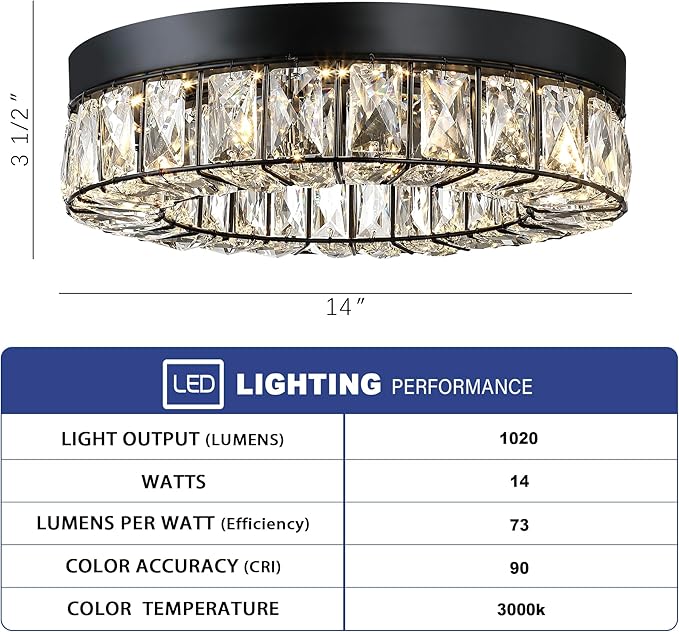 MEXO Crystal LED Flush Mount Ceiling Light Fixtures Modern Black LED Chandelier Lighting for Kitchen Closet Hallway Bedroom Foyer Laundry Room