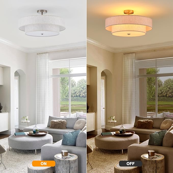 21.7" Modern Semi Flush Mount Ceiling Light 4-Lights Linen Drum Ceiling Lighting with Chrome Finish, Vintage Ceiling Light Fixture for Laundry Room, Kitchen, Living Room, Dining Room, Bedroo