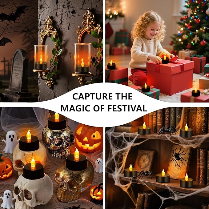 Tea Lights Battery Operated Candles LED Tea Lights Flameless Candles 200+ Hours Flickering Fake Tealights for Halloween, Christmas Aniversary Home Table Decor(Black, 12 Pack)