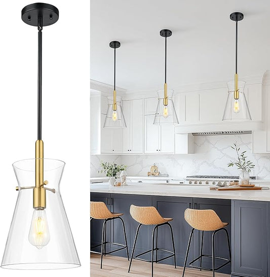 Emak Black and Gold Pendant Light Fixtures, 9 Inch Clear Glass Pendant Lights Kitchen Island, Modern Farmhouse Large Hanging Lights for for Kitchen, Dining Room, Bathroom, PL130-BKBGD-CG