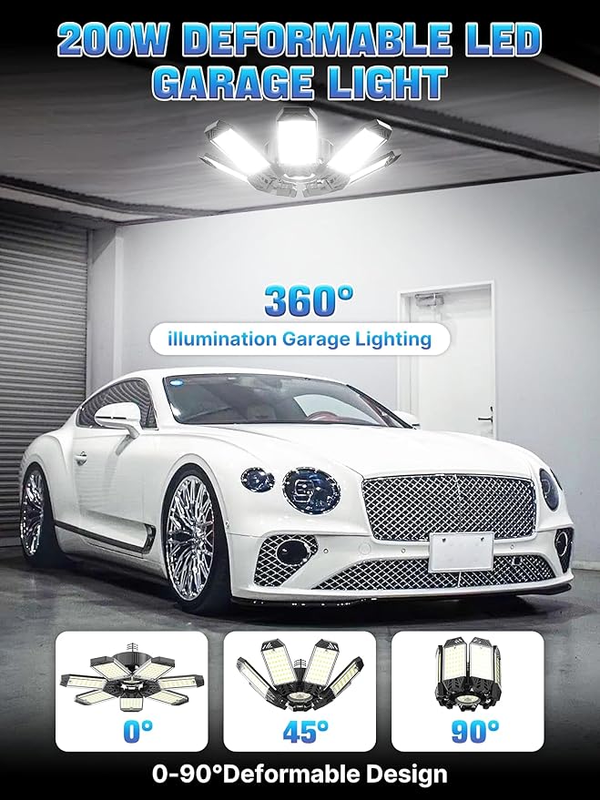 LED Garage Light 200W, 6 Pack 20000LM 6500K Garage Lights Ceiling Led with 7 Deformable Panels, Screw in E26/E27 Socket Shop Light for Workshop Basement Barn Bay Lighting