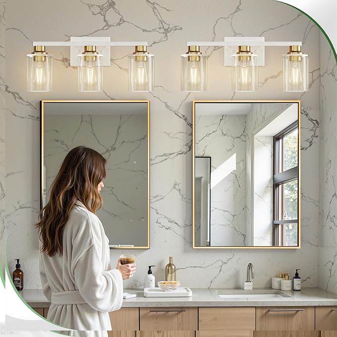 DORESshop 17 Inch Bathroom Light Fixtures, 3-Light White and Gold Bathroom Lighting Fixtures Over Mirror with Clear Glass Shade, Vanity Lights for Living Room Bedroom
